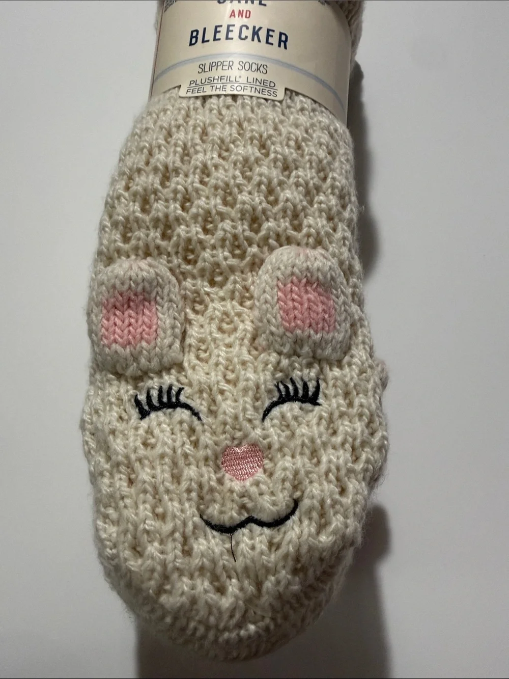Jane and Bleecker Cream and Pink Plush-Lined Animal Face Slipper Socks